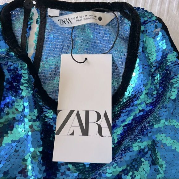 ZARA WOMAN SEQUINNED TOP WITH TRIMS BLUE / GREEN SIZE M. - Picture 7 of 9